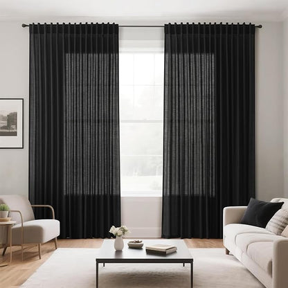 Black Linen Blend Semi Sheer Curtains 86 Inches Long 2 Panel Set Pocket Back - Image 8