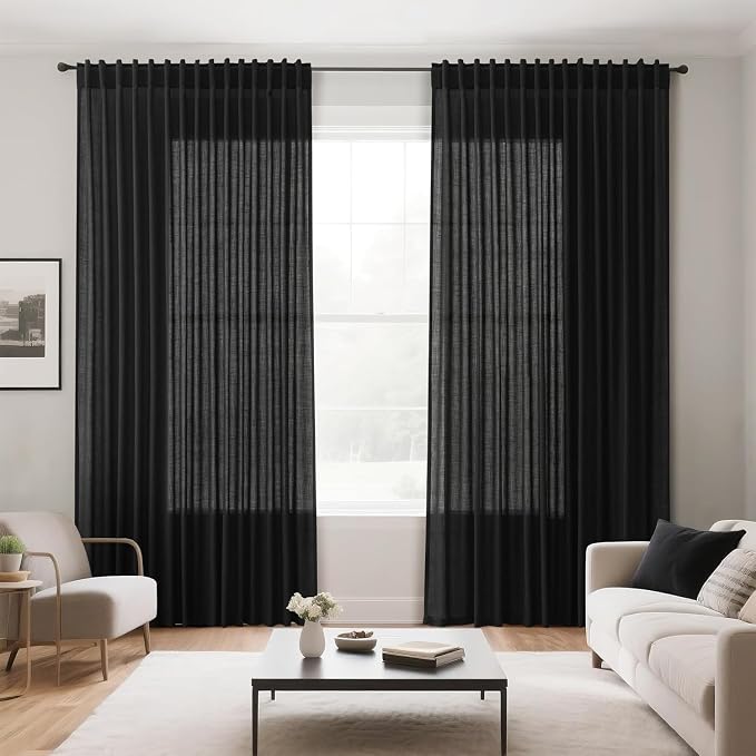 Black 102 Inch Linen Curtains for Living Room Back Tab Rod Pocket Privacy Semi - Image 7