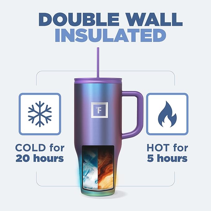 IRON °FLASK Co-Pilot Insulated Mug w/Straw & Flip Cap Lids - Cup Holder Bottle for Hot, Cold Drink - Leak-Proof - Water, Coffee Portable Travel Mug - Lavender, 32 Oz