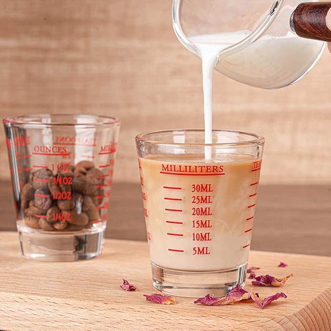 Measuring cup Espresso Shot Glass Liquid Heavy Glass Wine Glass 26-Incremental Measurement 1oz, 6 Tsp, 2 Tbs, 30ml (2 pack-red)