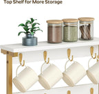 Coffee Mug Holder for Counter, 2 Tier Mug Tree Rack, with 8 Hook and 2 Open Shelves, Vintage Mug Holder Stand for Home Kitchen, White and Gold MH43DW