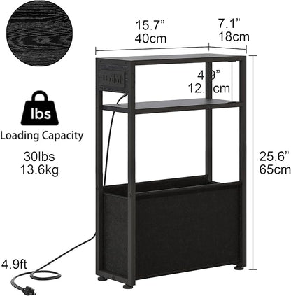 Leomonio Black Side Table with Charging Station, Slim End Tables with Fabric - Image 2