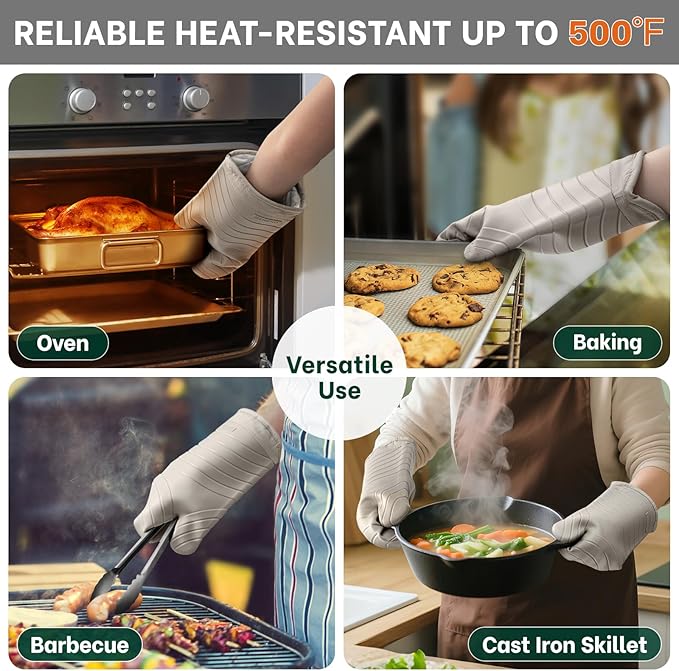 Beneno Oven Mitts, Heat Resistant BPA-Free Soft Silicone Oven Mitts 2-Pack, Waterproof Non-Slip Flexible Oven Gloves with Comfort Cotton Lining, Durable Kitchen Mitt Set for Baking Grill, 7"x13" Beige