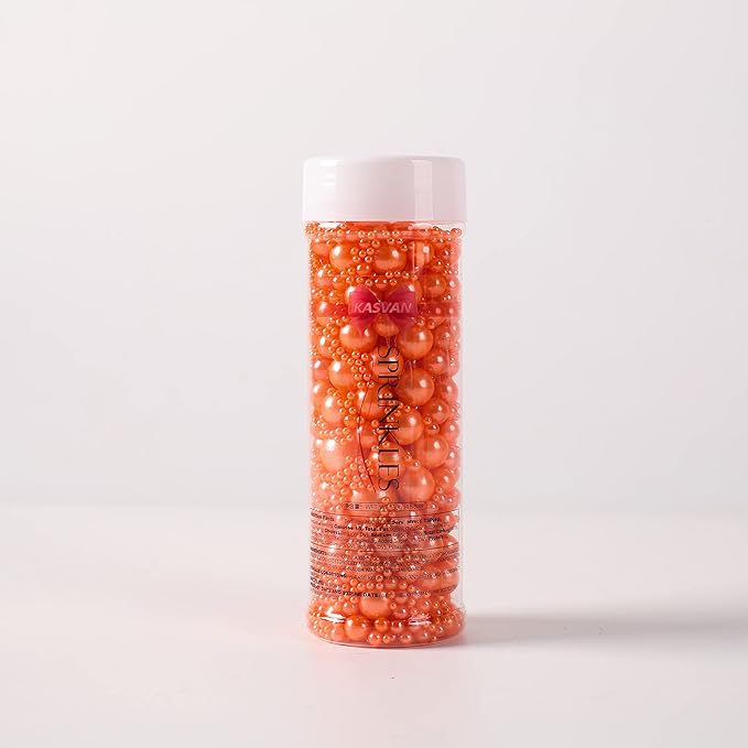Kasvan Orange Pearl Sugar Sprinkles - Edible Candy Pearls 130g/4.58 Oz, Mix Size, Baking Cake Decorations, Ice Cream Toppings and Cookie Decorating, Wedding Party Chirstmas Supplies