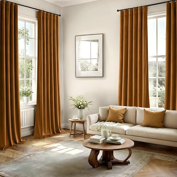 MIULEE Velvet Curtains 50W x 96L 2 Panels Golden Brown Blackout Curtains | - Image 5