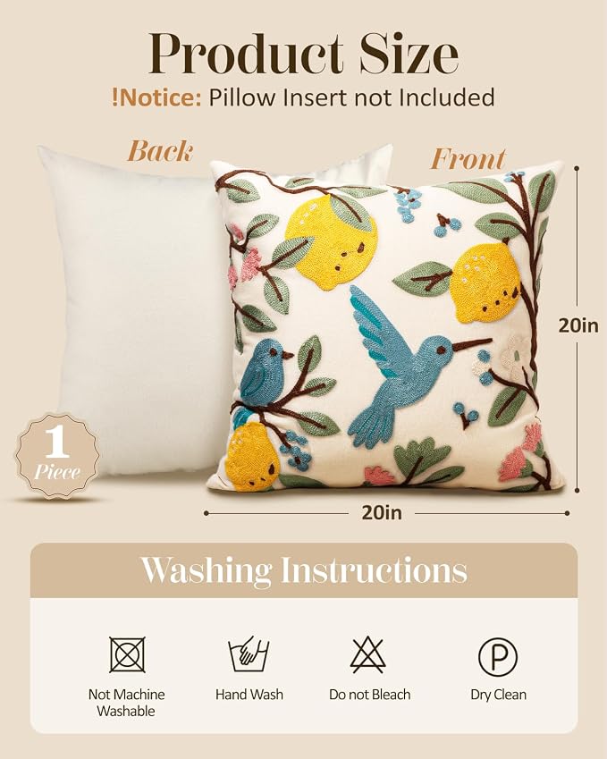 Embroidered Throw Pillow Cover 20x20 Inch, Bird Lemon | Decorative Pillow Cover - Image 4