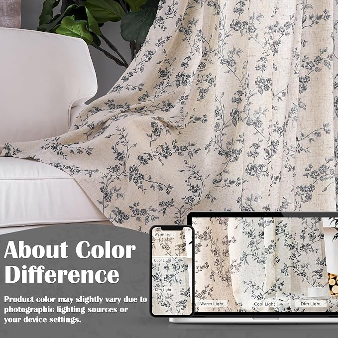 Extra Long Black Vintage Floral Linen Curtains Farmhouse 2 Panels | Elisa Series - Image 5