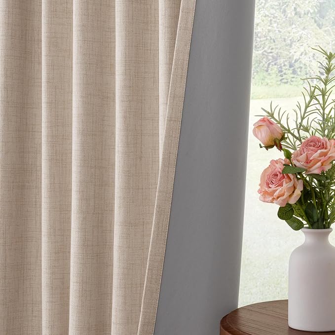 100% Blackout Curtains for Bedroom Oatmeal Linen Look Curtains 96 Inch Long | - Image 6