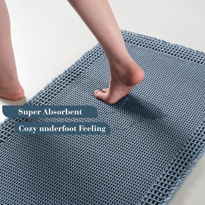 RESARE Waffle Bathroom Runner Rugs, Non Slip Boho Bath Mat 24"x72" Blue | Long - Image 3