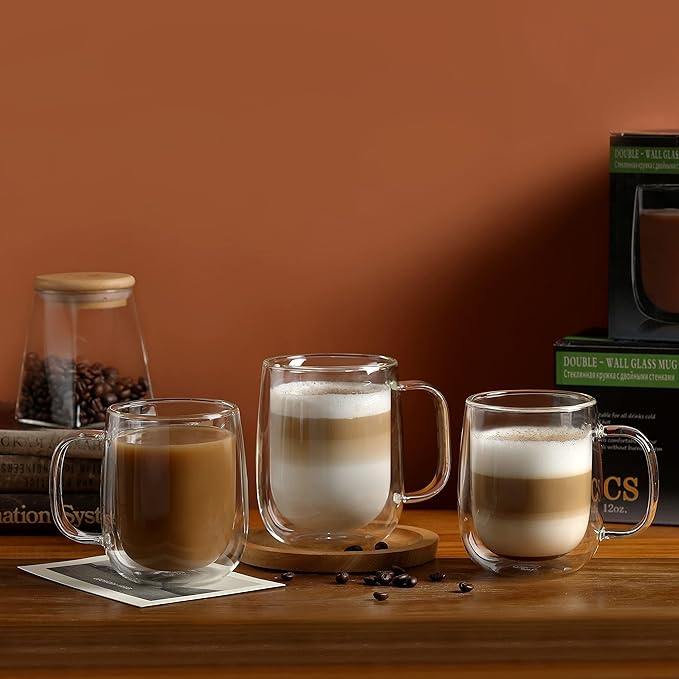 CNGLASS Large Double Wall Glass Coffee Mug 15.2oz,Clear Insulated Glass Espresso Cup with Big Handle,set of 1