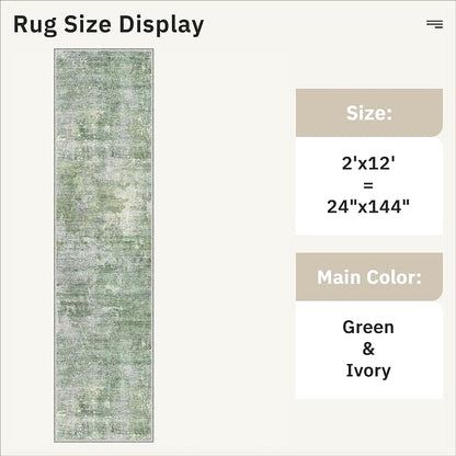 Soalmost Abstract Runner Rug 2x12 Hallway Kitchen Runners Green/Ivory | Vintage - Image 5