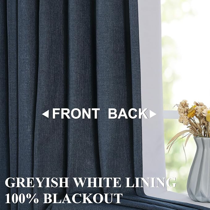 Vision Home Navy Blue Pinch Pleated Full Blackout Curtains Linen Blended Room - Image 2