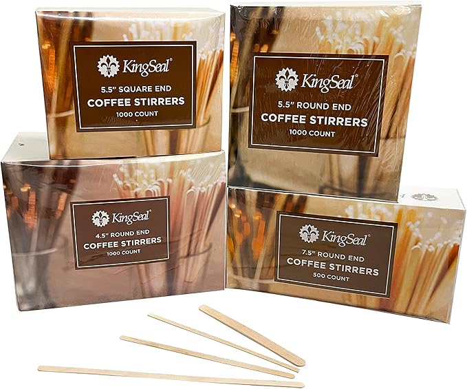 1000 Count | KingSeal Natural Birch Wood Coffee Beverage Stirrers, Stir Sticks, Waxing Sticks, 7.5 Inches, Round End, Eco-Friendly - 2 Packs x 500 Stirrers