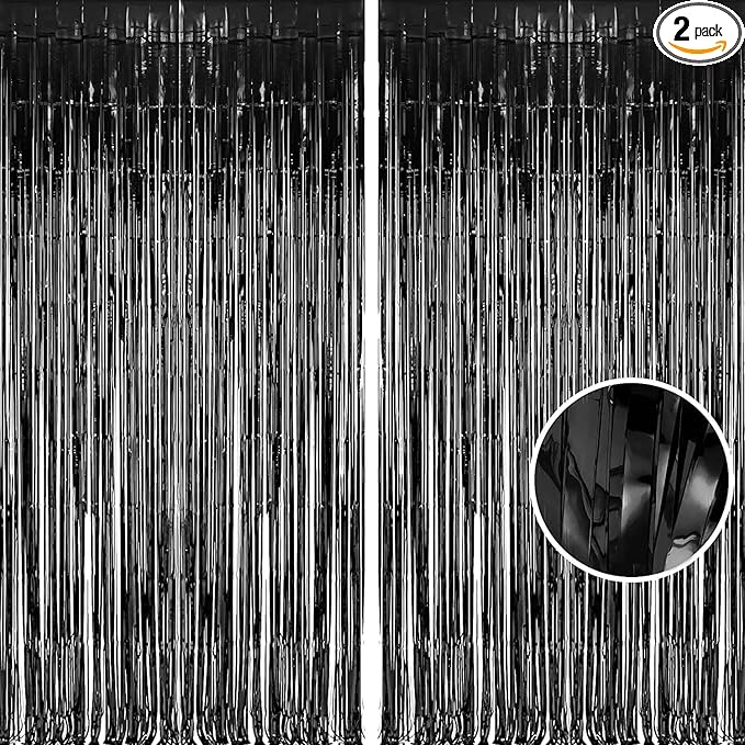 Foil Fringe Curtain Halloweens Party Decorations - Pure Black Tinsel Photo Backdrop Party Steamers Curtains for Birthdays Music Christmas Stranger Theme Parties