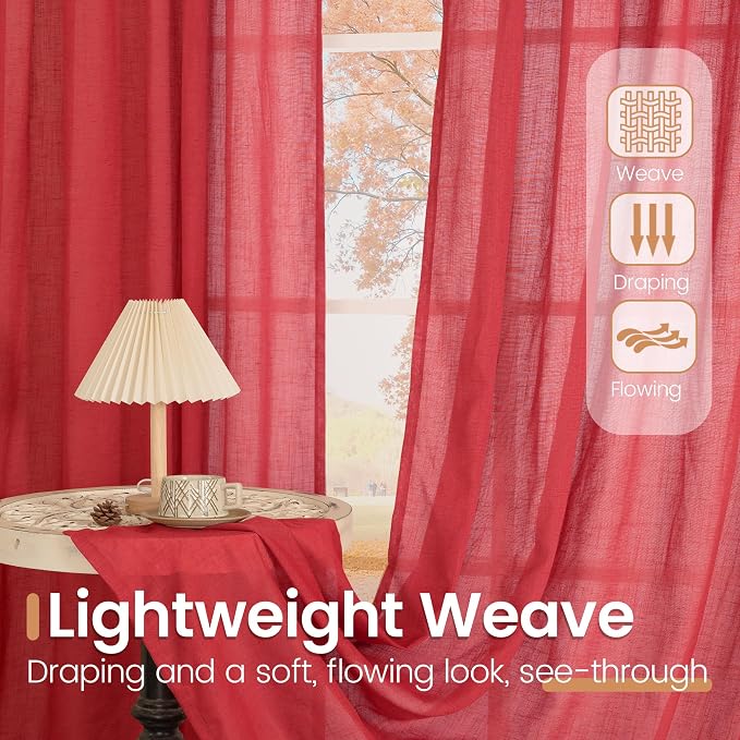 BGment Red Linen Curtains for Living Room 84 Inch Length - Image 4