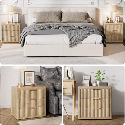 Fluted Nightstand with 3 Drawers, Tall Bed Side Table with Metal Handle - Image 3