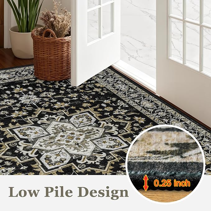 Round Area Rug for Living Room: 4ft Boho Washable Rug Black Gold | Vintage Boho - Image 8