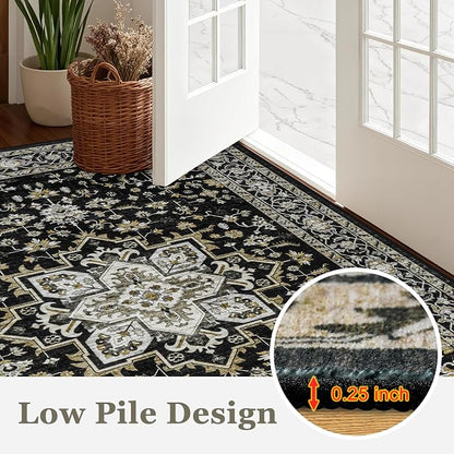 Round Area Rug for Living Room: 8ft Boho Washable Rug Black Gold | Vintage Boho - Image 8