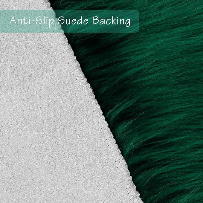 Emerald Green Faux Sheepskin Throw Rug 2x3 ft, Fluffy Fur Seat Chair Covers | - Image 3