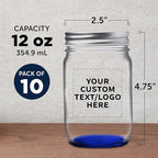 DISCOUNT PROMOS 10 Decorating Mason Jars Set, 12 oz. - Customizable Text, Logo - Canning, Aluminum Lid - Blue