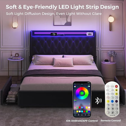 Full LED Velvet Bed Frame with 2 Storage Drawers&Hidden Headboard, Upholstered - Image 8
