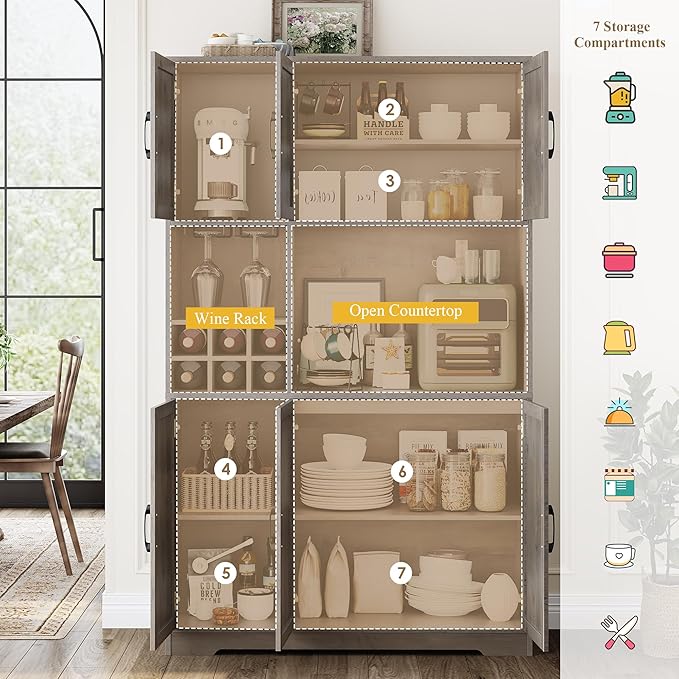HOSTACK Kitchen Pantry Storage Cabinet, 71" Tall Food Pantry Cabinet with Microwave Stand, Farmhouse Kitchen Hutch, Coffee Bar Hutch with Wine Rack for Dining Room, Living Room, Ash Grey