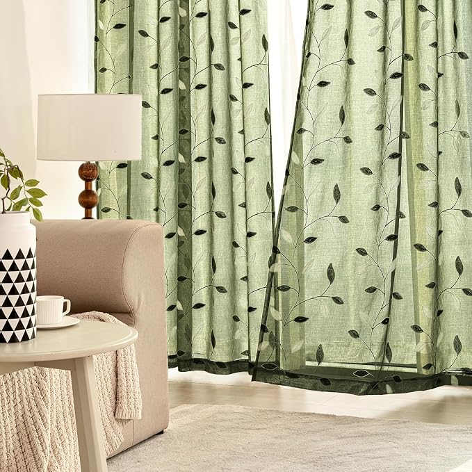 MIULEE Olive Green Sheer Curtains 2 Panels Leaf Patterned, W52 x L63 | - Image 3