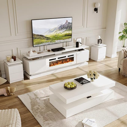 4-Piece Modern Living Room Table Set, Includes High Gloss 70" Fireplace TV Stand by Nordivale