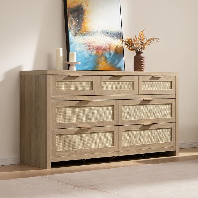 SICOTAS 7 Drawer Dressers for Bedroom Set 2, Long Rattan Dresser, Dresser TV - Image 6
