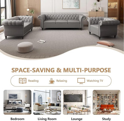 Chesterfield 3 Seater Sofa, Modern Leather Tufted Couch 3 Seater - Image 8
