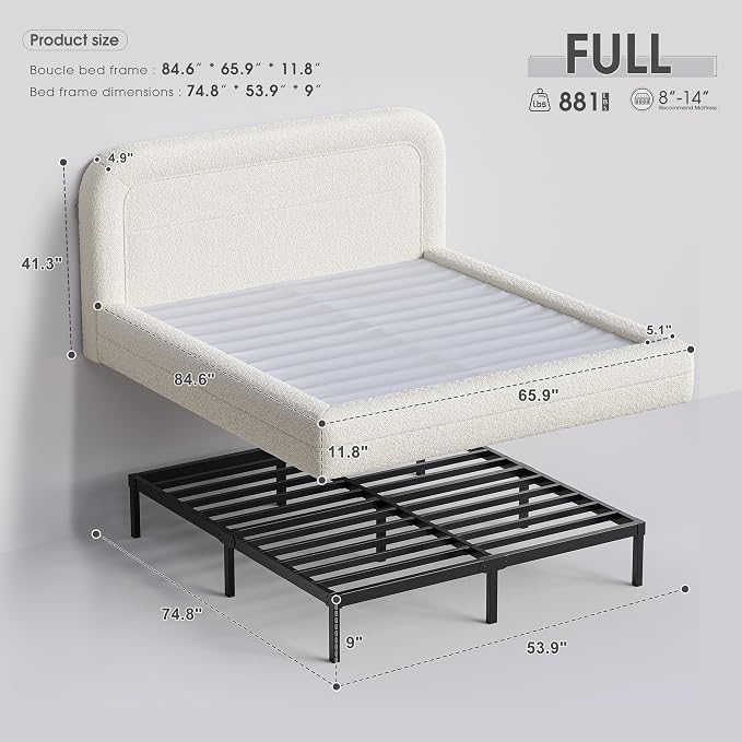 Homkdom Cloud Bed Frame with Headboard, Upholstered Soft Full Bed Frame with - Image 2