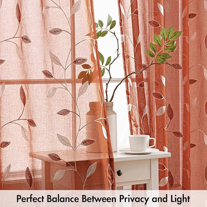 MIULEE Terracotta Sheer Fall Leaf Curtains Burnt Orange 2 Panels 52"x84" | - Image 5