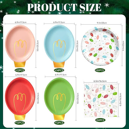 OuMuaMua 150Pcs Christmas Paper Plates and Napkins Set Disposable, Heavy Duty Christmas Light Bulb Design Party Supplies Serve 50, Fancy Disposable Dinnerware Set for Holiday Home Xmas Party Decor