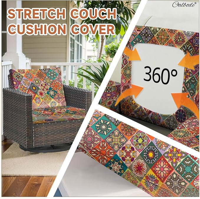 CALBODE 12Pcs Stretch Patio Cushion Cover, Bohemian Geometric Pattern | - Image 3
