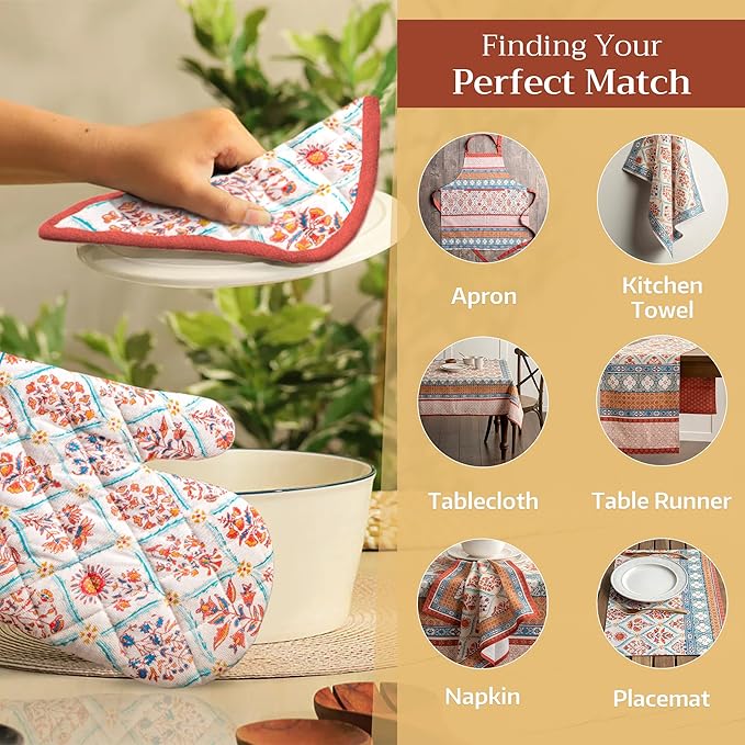 Maison d' Hermine 100% Cotton Oven Mitt & Pot Holder Set (7.5"x13" & 8"x8") Heat Resistant BBQ Cooking Gloves with Loop, Baking, Grilling, Kitchen, Handling Hot Pans (Romane)