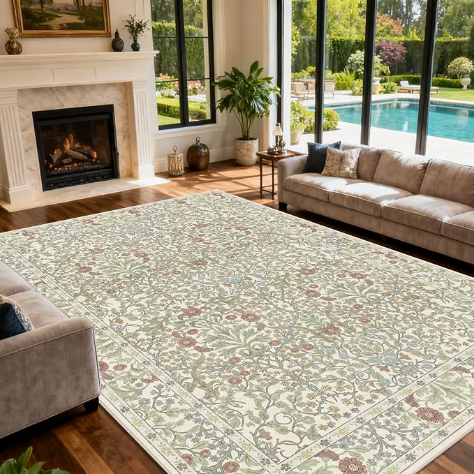 Vintage Light Green Living Room Rug, 9x12 Washable Area Rugs - Image 4