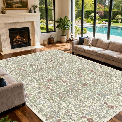 Vintage Light Green Living Room Rug, 9x12 Washable Area Rugs - Image 4