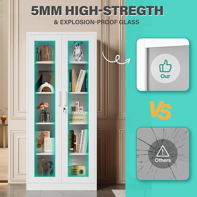 Metal Storage Cabinet with Lock and Glass Doors, Locking Curio Cabinets with 5 - Image 8