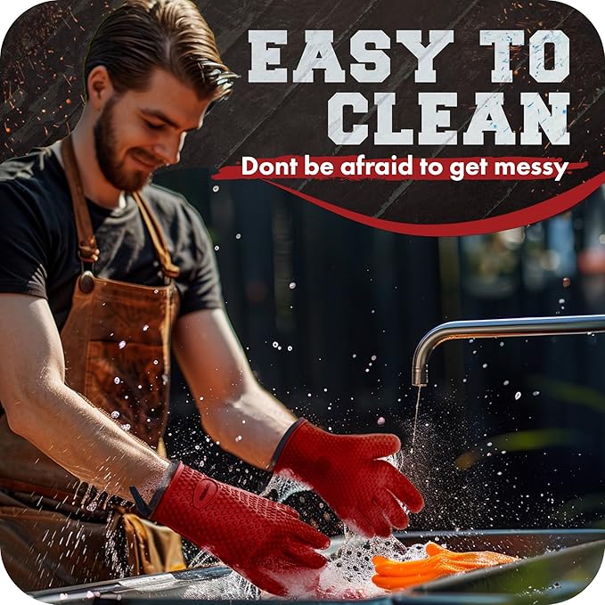 KITCHEN PERFECTION S Silicone Smoker Oven Gloves -Extreme Heat Resistant BBQ Gloves -Handle Hot Food Right on Your Grill Fryer Pit|Waterproof Oven Mitts |Superior Value Set+3 Bonuses