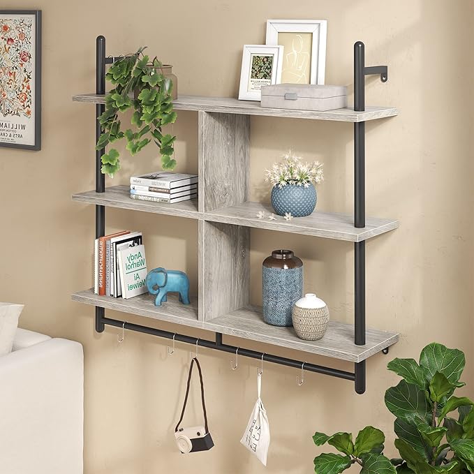 Bestier 41.5" Floating Pipe Shelving Kitchen Shelves Wall Mounted 3 Tier Ladder Shelf Hanging with Circular Tube Display Bookshelf Storage for Living Room Kitchen Balcony, Retro Grey
