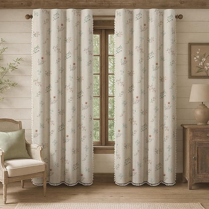 Boho Floral 100% Blackout Curtains 90 Inch 2 Panels Linen Texture | Farmhouse by Unknown