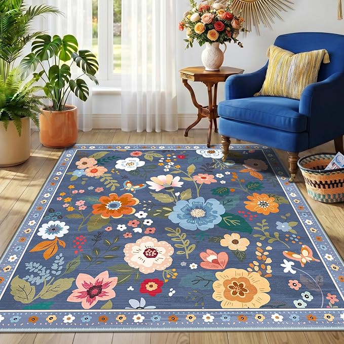 RELEANY Floral Washable Square 4ft Area Rug Blue/Grey | Flower Carpet Print by RELEANY