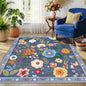 RELEANY Floral Washable Square 4ft Area Rug Blue/Grey | Flower Carpet Print by RELEANY
