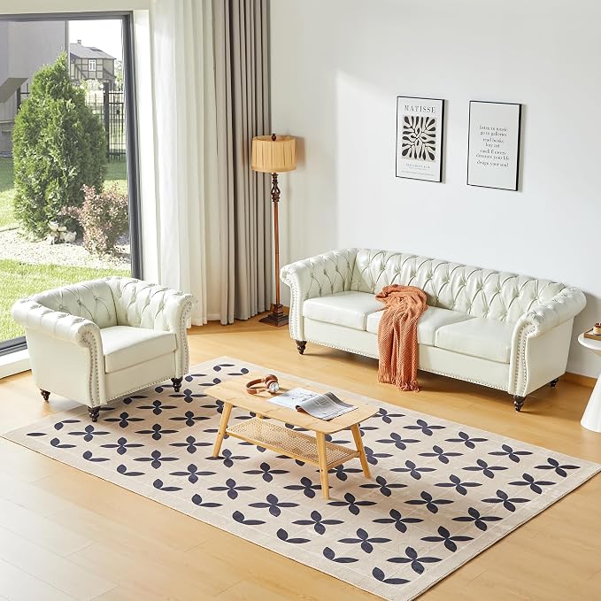 ORRD 2 Piece Living Room Set, Chesterfield Faux Leather Sofa Loveseat Couch by ORRD