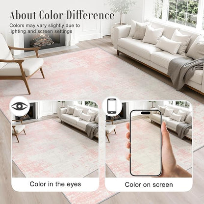 Area Rug Living Room: 4x6 Modern Washable Soft Carpet Pink White | - Image 3