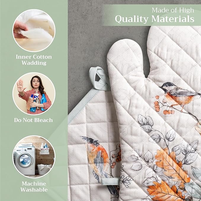 Maison d' Hermine 100% Cotton Oven Mitt & Pot Holder Set (7.5"x13" & 8"x8") Heat Resistant BBQ Cooking Gloves with Loop, Baking, Grilling, Kitchen, Handling Hot Pans (Whitish Shabby Chique)