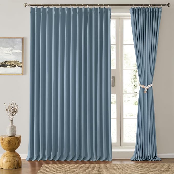 Extra Wide Dusty Blue Pinch Pleated Curtains 100 x 90, Thermal Insulated Noise by KEQIAOSUOCAI