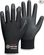 KAYGO Winter Work Gloves for Men and Women, 12 Pairs Thermal Insulated Safety Work Gloves PU Coated, Smooth Grip on Palm & Fingers,Ideal for Freezer Work,Black,XL