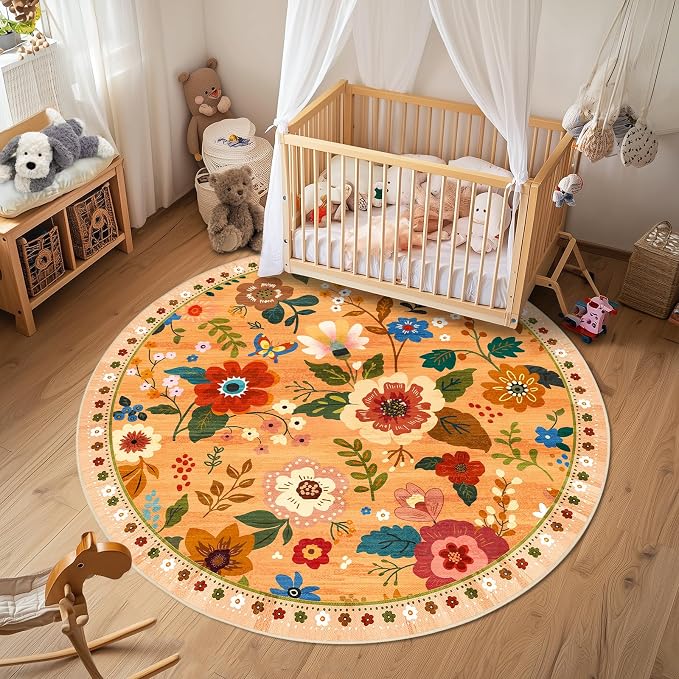 RELEANY Floral Washable Round 4ft Area Rug Yellow/Orange/Red | Flower Carpet - Image 8