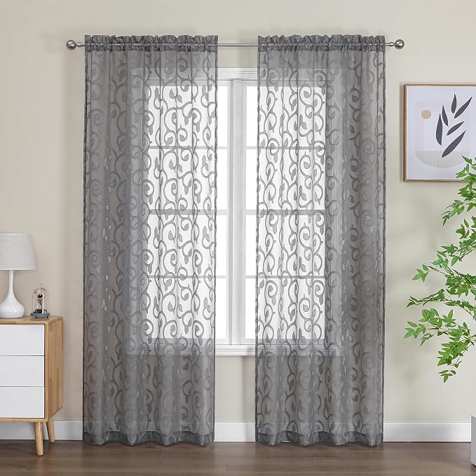 Furman Grey Sheer Curtains 72 inches Long 2 Panels Set, Light Filtering Top Rod - Image 2
